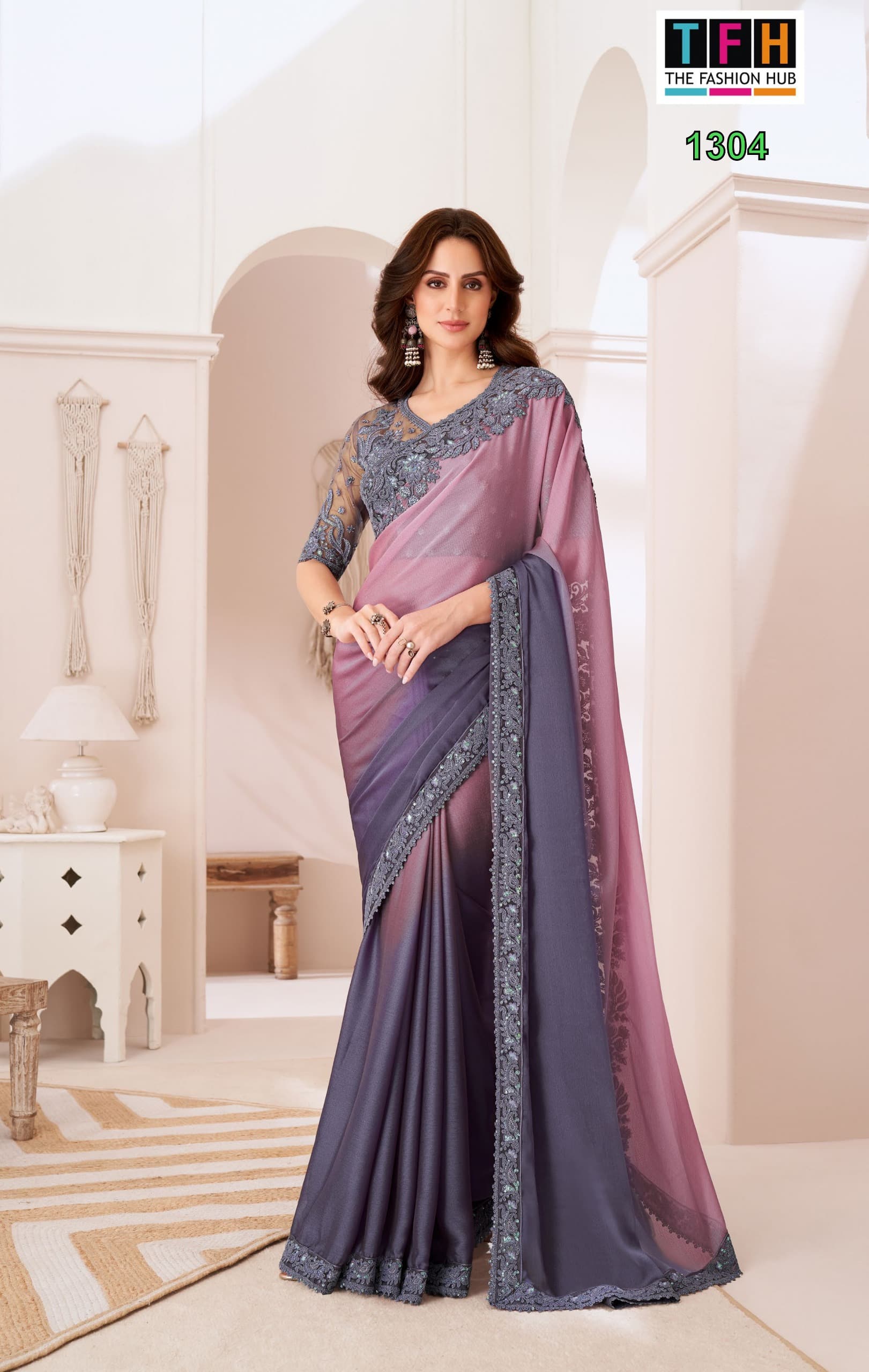 Royal Mauve Grey Pioneer Shaded Chiffon Saree with Banglori Silk Blouse